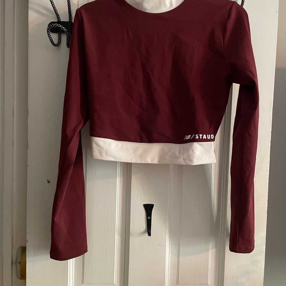 STAUD Burgundy and White Crop Top